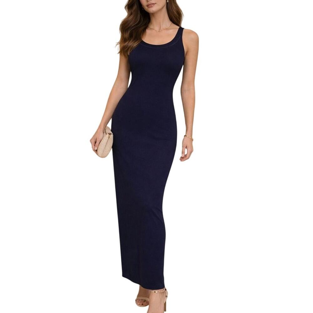 Vintage Womens Satin Trim Maxi Sheath Dress Small Navy Blue Retro 90s Evening